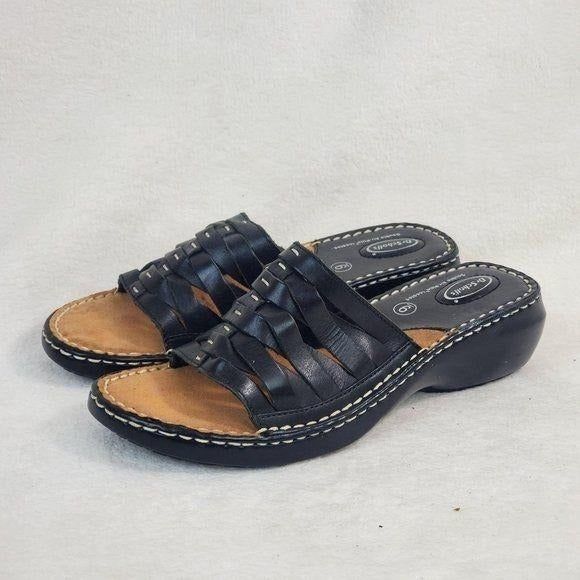 Dr. Scholl's Black Leather Strappy Low Platform Slip-On Sandals Size 9M - Picture 3 of 6